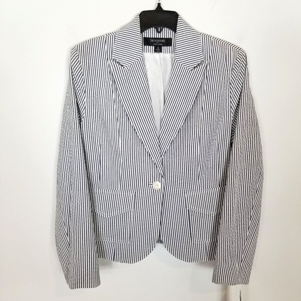 Larry Levine Signature‎ Women Striped One Button Blazer Sz 10 Gray White Preppy